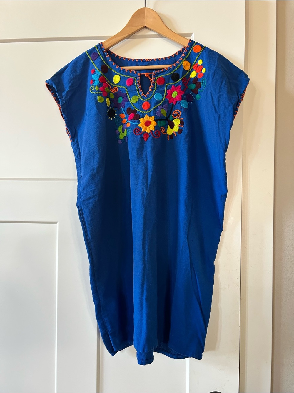 Hand Crafted Royal Blue Embroidered Floral Mexican tunic